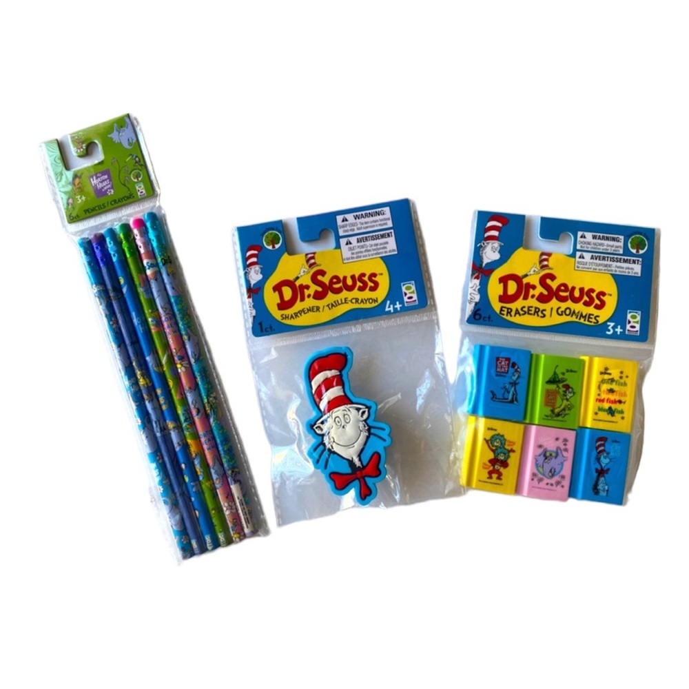 3 pk Dr. Seuss sharpener, erasers & pencils kit kids school‎ learn fun